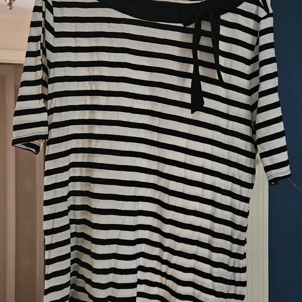 LOFT Monochrome Striped Blouse with Bow Accent